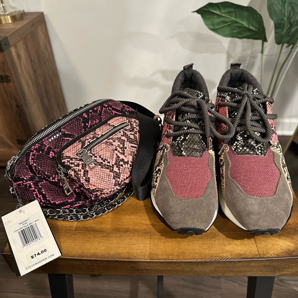 Women's Steve Madden Snake Print Cliff Sneakers Sz 10 + Convertible Belt Bag Set